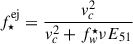 Mathematical equation: $$ \begin{aligned} f_{\star }^\mathrm{{ej}} = \frac{v_c^2}{v_c^2 + f_w^{\star } \nu E_{51}} \end{aligned} $$