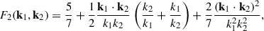 Mathematical equation: $$ \begin{aligned} F_2(\mathbf k _1, \mathbf k _{2})&= \frac{5}{7} + \frac{1}{2} \frac{{\mathbf k _1 \cdot \mathbf k _2}}{k_1k_2}\ \Bigg (\frac{k_2}{k_1} + \frac{k_1}{k_2}\Bigg ) + \frac{2}{7}\frac{(\mathbf k _1 \cdot \mathbf k _2)^2}{k^2_1k^2_2}, \end{aligned} $$