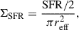 Mathematical equation: $$ \begin{aligned} \Sigma _{\rm SFR} = \frac{\mathrm {SFR}/2}{\pi r_{\rm eff}^2} ,\end{aligned} $$