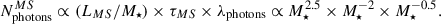 Mathematical equation: $$ \begin{aligned} N_{\rm photons}^{MS} \propto (L_{MS}/M_{\star }) \times \tau _{MS} \times \lambda _{\rm photons} \propto M_{\star }^{2.5} \times M_{\star }^{-2} \times M_{\star }^{-0.5} .\end{aligned} $$