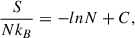 Mathematical equation: $$ \begin{aligned} \frac{S}{N k_B} = - ln N + C ,\end{aligned} $$