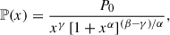 Mathematical equation: $$ \begin{aligned} \mathbb{P} (x) = \frac{P_0}{x^{\gamma }\left[1+x^{\alpha }\right]^{(\beta -\gamma )/\alpha }}, \end{aligned} $$