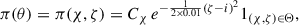 Mathematical equation: $$ \begin{aligned} \pi (\theta ) = \pi (\chi ,\zeta ) = {C_\chi }\, e^{-\frac{1}{2 \times 0.01}(\zeta -i)^2} 1_{(\chi ,\zeta )\in \Theta } ,\end{aligned} $$