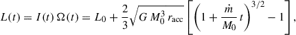 Mathematical equation: $$ \begin{aligned} L(t) = I(t) \, \Omega (t) = L_0 + \frac{2}{3}\sqrt{G \, M_0^3 \, r_{\rm acc}} \left[ \left(1+\frac{\dot{m}}{M_0} \, t \right)^{3/2}-1\right] ,\end{aligned} $$