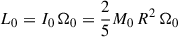 Mathematical equation: $ L_0 = I_0 \, \Omega_0 = \frac{2}{5} M_0 \, R^2 \,\Omega_0 $