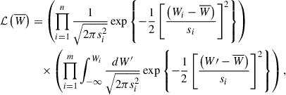 Mathematical equation: $$ \begin{aligned} \mathcal{L} \left(\overline{W}\right)&= \left( \prod _{i=1}^n \frac{1}{\sqrt{2\pi s_i^2}} \exp \left\{ -\frac{1}{2} \left[\frac{\left( W_i - \overline{W} \right)}{s_i} \right]^2\right\} \right) \nonumber \\&\quad \times \left( \prod _{i=1}^m \int _{-\infty }^{W_i} \frac{dW^\prime }{\sqrt{2\pi s_i^2}} \exp \left\{ -\frac{1}{2} \left[\frac{\left( W\prime - \overline{W} \right)}{s_i} \right]^2\right\} \right) , \end{aligned} $$