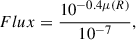 Mathematical equation: $$ \begin{aligned} Flux=\frac{10^{-0.4\mu (R)}}{10^{-7}} ,\end{aligned} $$
