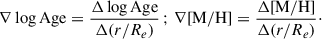 Mathematical equation: $$ \begin{aligned} \nabla \log \mathrm{Age} = \frac{\Delta \log \mathrm{Age}}{\Delta (r/R_e)} \, ; \, \nabla \mathrm{[M/H]} = \frac{\Delta \mathrm{[M/H]}}{\Delta (r/R_e)}\cdot \end{aligned} $$