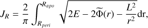 Mathematical equation: $\[J_R=\frac{2}{\pi} \int_{R_{p e r i}}^{R_{a p o}} \sqrt{2 E-2 \widetilde{\Phi}(r)-\frac{L^2}{r^2}} \mathrm{dr},\]$