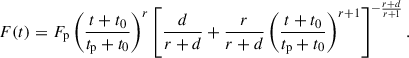 Mathematical equation: $$ \begin{aligned} F(t) = F_{\rm p} \left( \frac{t + t_0}{t_{\rm p} + t_0} \right)^r \left[ \frac{d}{r + d} + \frac{r}{r + d} \left( \frac{t + t_0}{t_{\rm p} + t_0} \right)^{r+1} \right]^{-\frac{r + d}{r + 1}}. \end{aligned} $$