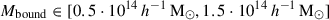 Mathematical equation: $ M_{\mathrm{bound}}\in [0.5\cdot 10^{14}\,h^{-1}\,\mathrm{M}_{\odot}, 1.5\cdot 10^{14}\,h^{-1}\,\mathrm{M}_{\odot}] $