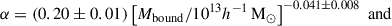 Mathematical equation: $$ \begin{aligned} \alpha&= (0.20 \pm 0.01)\left[M_{\rm bound}/10^{13}h^{-1}\,\mathrm{M}_{\odot }\right]^{-0.041 \pm 0.008}\;\mathrm{and} \end{aligned} $$