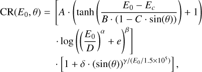 Mathematical equation: \begin{align}\text{CR}(E_0, \theta) =\& \left[A \cdot \left(\tanh\left(\frac{E_0 - E_c}{B \cdot (1 - C \cdot \sin(\theta))}\right) + 1\right)\right.\label{eq:cr_model} \\[-0.2em]& \left. \cdot \log\left(\left(\frac{E_0}{D}\right)^{\alpha} + e\right)^{\beta}\right] \notag\\[-0.2em]& \cdot \left[1 + \delta \cdot \left(\sin(\theta)\right)^{\gamma / (E_0 / 1.5 \times 10^5)}\right], \notag\end{align}