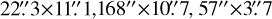 Mathematical equation: $\[22^{\prime \prime}_\cdot 3 \times 11^{\prime \prime}_\cdot 1, 168^{\prime \prime}{\times}10^{\prime\prime}_\cdot 7, 57^{\prime \prime}{\times}3^{\prime \prime}_\cdot7\]$