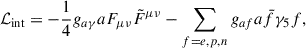 Mathematical equation: $$ \begin{aligned} \mathcal{L} _{\mathrm{int} } = -\frac{1}{4}g_{a\gamma }aF_{\mu \nu }\tilde{F}^{\mu \nu } - \sum _{f = e,p,n} g_{af} a \bar{f}\gamma _5 f, \end{aligned} $$