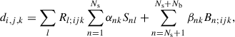 Mathematical equation: $$ \begin{aligned} d_{i,j,k} = \sum _{l} R_{l; ijk} \sum _{n = 1}^{N_\mathrm{s} } \alpha _{nk} S_{nl} + \sum _{n=N_\mathrm{s} +1}^{N_\mathrm{s} +N_\mathrm{b} } \beta _{nk} B_{n;ijk}\mathrm{,} \end{aligned} $$