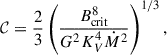 Mathematical equation: $$ \begin{aligned} \mathcal{C} = \frac{2}{3} \left( \frac{B_{\mathrm{crit}}^8}{G^2 K_V^4 \dot{M}^2} \right)^{1/3} ,\end{aligned} $$