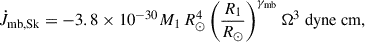 Mathematical equation: $$ \begin{aligned} \dot{J}_{\text{mb,Sk}} = -3.8 \times 10^{-30} M_1\,R_\odot ^4 \left( \frac{R_1}{R_\odot } \right)^{\gamma _{\text{mb}}} \Omega ^3 \text{ dyne} \text{ cm,} \end{aligned} $$