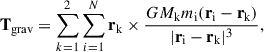 Mathematical equation: $$ \begin{aligned} \mathbf T _{\rm {grav}} = \sum _{k = 1}^{2} \sum _{i = 1}^{N} \mathbf r _{\rm {k}} \times \frac{GM_{\rm k}m_{\rm i}(\mathbf r_{\rm i} -\mathbf r _{\rm k})}{|\mathbf r_{\rm i} -\mathbf r _{\rm k}|^3}, \end{aligned} $$