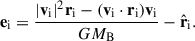 Mathematical equation: $$ \begin{aligned} \mathbf e _{\rm i} = \frac{|\mathbf v _{\rm i}|^2\mathbf r _{\rm i}-(\mathbf v _{\rm i} \cdot \mathbf r _{\rm i})\mathbf v _{\rm i}}{GM_{\rm B}}-{\hat {\mathbf r} _{\rm i}}. \end{aligned} $$