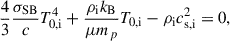 Mathematical equation: $$ \begin{aligned} \frac{4}{3} \frac{\sigma _{\rm {SB}}}{c} T_{\rm 0, i}^4 + \frac{\rho _{\rm i} k_{\rm B}}{\mu m_{p}} T_{\rm 0, i}-\rho _{\rm i} c_{\rm s, i}^2 = 0 , \end{aligned} $$