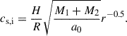 Mathematical equation: $$ \begin{aligned} c_{\rm s, i} = \frac{H}{R}\sqrt{\frac{M_{\rm 1}+ M_{\rm 2}}{a_0}}r^{-0.5}. \end{aligned} $$