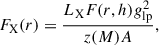 Mathematical equation: $$ \begin{aligned} F_{\rm X}(r) = \frac{L_{\rm X} F(r,h) g_{\rm lp}^2}{z(M) A} , \end{aligned} $$