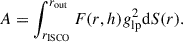 Mathematical equation: $$ \begin{aligned} A = \int ^{r_{\rm {out}}}_{r_{\rm {ISCO}}} F(r,h) g_{\rm lp}^2 \mathrm{d}S(r). \end{aligned} $$