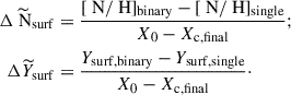 Mathematical equation: $$ \begin{aligned} \Delta \widetilde{\text{ N}}_{\rm surf}&=\frac{[\text{ N}/\text{ H}]_{\rm binary}-[\text{ N}/\text{ H}]_{\rm single}}{X_{0}-X_{\rm c,final}};\nonumber \\ \Delta \widetilde{Y}_{\rm surf}&=\frac{Y_{\rm surf,binary}-Y_{\rm surf, single}}{X_{0}-X_{\rm c,final}}\cdot \end{aligned} $$