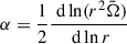 Mathematical equation: $ \alpha = \frac{1}{2}\frac{\text{ d}\ln(r^2\bar\Omega)}{\text{ d}\ln r} $