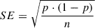 Mathematical equation: $ SE = \sqrt{\frac{p \cdot (1 - p)}{n}} $