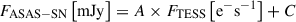 Mathematical equation: $ F_{\mathrm{ASAS-SN}} \left[ \mathrm{mJy} \right] = A \times F_{\mathrm{TESS}} \left[\mathrm{e}^{-}\mathrm{s}^{-1} \right] + C $