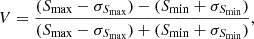 Mathematical equation: $$ \begin{aligned} V = \frac{(S_{\rm max}-\sigma _{S_{\rm max}})-(S_{\rm min}+\sigma _{S_{\rm min}})}{(S_{\rm max}-\sigma _{S_{\rm max}})+(S_{\rm min}+\sigma _{S_{\rm min}})}, \end{aligned} $$