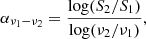 Mathematical equation: $$ \begin{aligned} \alpha _{\nu _{1}-\nu _{2}} = \frac{\log (S_{2}/S_{1})}{\log (\nu _{2}/\nu _{1})}, \end{aligned} $$