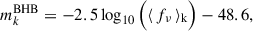 Mathematical equation: $$ \begin{aligned} m^\mathrm{BHB}_{k} = - 2.5 \log _{10} \Big ( \langle \, f_{\nu } \,\rangle _{\rm k} \Big ) - 48.6, \end{aligned} $$