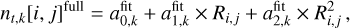 Mathematical equation: $\[n_{t, k}[i, j]^{\text {full }}=a_{0, k}^{\text {fit }}+a_{1, k}^{\text {fit }} \times R_{i, j}+a_{2, k}^{\text {fit }} \times R_{i, j}^2,\]$