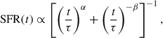 Mathematical equation: $$ \begin{aligned} \mathrm{SFR} (t) \propto \left[\left(\frac{t}{\tau }\right)^\alpha +\left(\frac{t}{\tau }\right)^{-\beta }\right]^{-1}, \end{aligned} $$