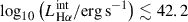 Mathematical equation: $ \log_{10} \left( L_{\mathrm{H}\alpha}^{\mathrm{int}} / \mathrm{erg}\,\mathrm{s}^{-1}\right) \lesssim 42.2 $