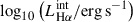 Mathematical equation: $ \log_{10} \left( L_{\mathrm{H}\alpha}^{\mathrm{int}} / \mathrm{erg}\,\mathrm{s}^{-1}\right) $