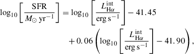 Mathematical equation: $$ \begin{aligned} \log _{10} \left[ \frac{\mathrm{SFR} }{M_\odot \,\mathrm{yr} ^{-1}}\right]&= \log _{10} \left[ \frac{L_{\mathrm{H} \alpha }^{\mathrm{int} }}{\mathrm{erg} \,\mathrm{s} ^{-1}}\right] - 41.45 \nonumber \\&\quad + 0.06 \left( \log _{10} \left[ \frac{L_{\mathrm{H} \alpha }^{\mathrm{int} }}{\mathrm{erg} \,\mathrm{s} ^{-1}}\right] - 41.90 \right), \end{aligned} $$
