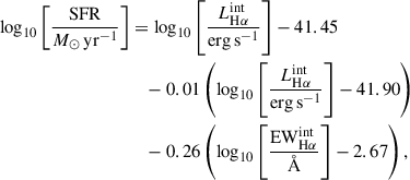 Mathematical equation: $$ \begin{aligned} \log _{10} \left[ \frac{\mathrm{SFR} }{M_\odot \,\mathrm{yr} ^{-1}}\right]&= \log _{10} \left[ \frac{L_{\mathrm{H} \alpha }^{\mathrm{int} }}{\mathrm{erg} \,\mathrm{s} ^{-1}}\right] - 41.45 \nonumber \\&\quad -0.01 \left( \log _{10} \left[ \frac{L_{\mathrm{H} \alpha }^{\mathrm{int} }}{\mathrm{erg} \,\mathrm{s} ^{-1}}\right] - 41.90 \right) \nonumber \\&\quad - 0.26 \left( \log _{10} \left[ \frac{\mathrm{EW} _{\mathrm{H} \alpha }^{\mathrm{int} }}{\AA } \right] - 2.67 \right), \end{aligned} $$