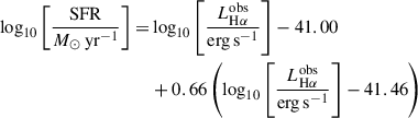 Mathematical equation: $$ \begin{aligned} \begin{split} \log _{10} \left[ \frac{\mathrm{SFR} }{M_\odot \,\mathrm{yr} ^{-1}}\right] =&\log _{10} \left[ \frac{L_{\mathrm{H} \alpha }^{\mathrm{obs} }}{\mathrm{erg} \,\mathrm{s} ^{-1}}\right] - 41.00 \\&+ 0.66 \left( \log _{10} \left[ \frac{L_{\mathrm{H} \alpha }^{\mathrm{obs} }}{\mathrm{erg} \,\mathrm{s} ^{-1}}\right] - 41.46 \right) \end{split} \end{aligned} $$
