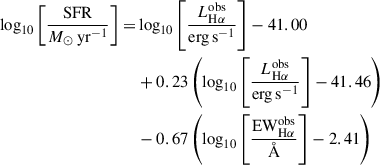 Mathematical equation: $$ \begin{aligned} \begin{split} \log _{10} \left[ \frac{\mathrm{SFR} }{M_\odot \,\mathrm{yr} ^{-1}}\right] =&\log _{10} \left[ \frac{L_{\mathrm{H} \alpha }^{\mathrm{obs} }}{\mathrm{erg} \,\mathrm{s} ^{-1}}\right] - 41.00 \\&+ 0.23 \left( \log _{10} \left[ \frac{L_{\mathrm{H} \alpha }^{\mathrm{obs} }}{\mathrm{erg} \,\mathrm{s} ^{-1}}\right] - 41.46 \right) \\&- 0.67 \left( {\log _{10} \left[ \frac{\mathrm{EW} _{\mathrm{H} \alpha }^{\mathrm{obs} }}{\AA } \right]} - 2.41 \right) \end{split} \end{aligned} $$