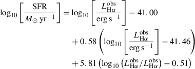 Mathematical equation: $$ \begin{aligned} \begin{split} \log _{10} \left[ \frac{\mathrm{SFR} }{M_\odot \,\mathrm{yr} ^{-1}}\right] =&\log _{10} \left[ \frac{L_{\mathrm{H} \alpha }^{\mathrm{obs} }}{\mathrm{erg} \,\mathrm{s} ^{-1}}\right] - 41.00 \\&+ 0.58 \left( \log _{10} \left[ \frac{L_{\mathrm{H} \alpha }^{\mathrm{obs} }}{\mathrm{erg} \,\mathrm{s} ^{-1}}\right] - 41.46 \right) \\&+ 5.81 \left( {\log _{10} \left( L_{\mathrm{H} \alpha }^{\mathrm{obs} } / L_{\mathrm{H} \alpha }^{\mathrm{obs} } \right)} - 0.51 \right) \end{split} \end{aligned} $$