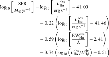 Mathematical equation: $$ \begin{aligned} \begin{split} \log _{10} \left[ \frac{\mathrm{SFR} }{M_\odot \,\mathrm{yr} ^{-1}}\right] =&\log _{10} \left[ \frac{L_{\mathrm{H} \alpha }^{\mathrm{obs} }}{\mathrm{erg} \,\mathrm{s} ^{-1}}\right] - 41.00 \\&+ 0.22 \left( \log _{10} \left[ \frac{L_{\mathrm{H} \alpha }^{\mathrm{obs} }}{\mathrm{erg} \,\mathrm{s} ^{-1}}\right] - 41.46 \right) \\&- 0.59 \left( {\log _{10} \left[ \frac{\mathrm{EW} _{\mathrm{H} \alpha }^{\mathrm{obs} }}{\AA } \right]} - 2.41 \right) \\&+ 3.74 \left( \log _{10} \left( L_{\mathrm{H} \alpha }^{\mathrm{obs} } / L_{\mathrm{H} \beta }^{\mathrm{obs} } \right) - 0.51 \right) \end{split} \end{aligned} $$