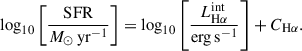 Mathematical equation: $$ \begin{aligned} \log _{10} \left[ \frac{\mathrm{SFR} }{M_\odot \,\mathrm{yr} ^{-1}}\right] = \log _{10} \left[ \frac{L_{\mathrm{H} \alpha }^{\mathrm{int} }}{\mathrm{erg} \,\mathrm{s} ^{-1}}\right] + C_{\mathrm{H} \alpha }. \end{aligned} $$