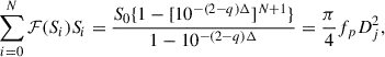Mathematical equation: $$ \begin{aligned} \sum _{i=0}^{N}\mathcal{F} (S_{i})S_{i}=\frac{S_{0}\{1-[10^{-(2-q)\Delta }]^{N+1}\}}{1-10^{-(2-q)\Delta }} =\frac{\pi }{4}f_{p}D_{j}^{2}, \end{aligned} $$
