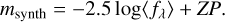 Mathematical equation: $\[m_{\text {synth }}=-2.5 ~\log \left\langle f_\lambda\right\rangle+Z P.\]$