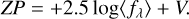 Mathematical equation: $\[Z P=+2.5 ~\log \left\langle f_\lambda\right\rangle+V.\]$