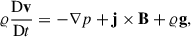 Mathematical equation: $$ \begin{aligned} \varrho \frac{\mathrm{D} \mathbf v }{\mathrm{D} t}&= -\nabla p + \mathbf j \times \mathbf B + \varrho \mathbf g ,\end{aligned} $$